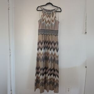 London Times Tan and Brown Chevron Pattern Halter Maxi Dress